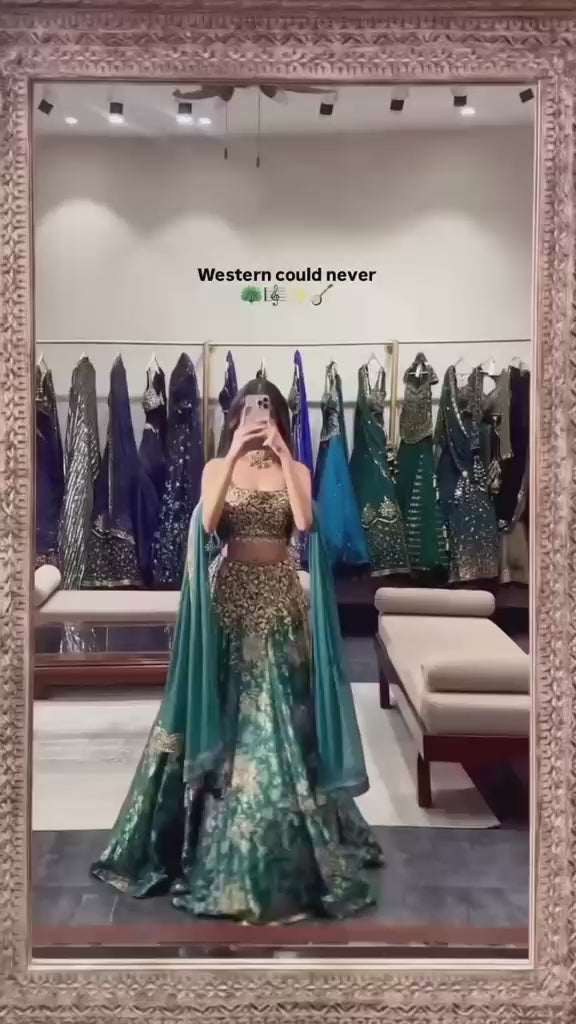 Teal Green Embroidered Brocade Silk Lehenga Set