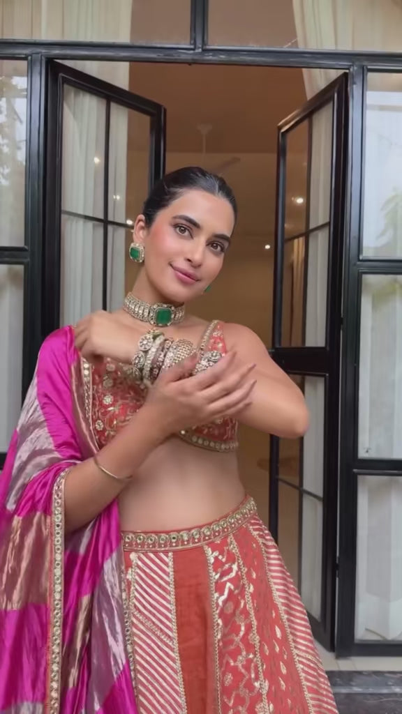 Rust Banarasi Chanderi Lehenga Set