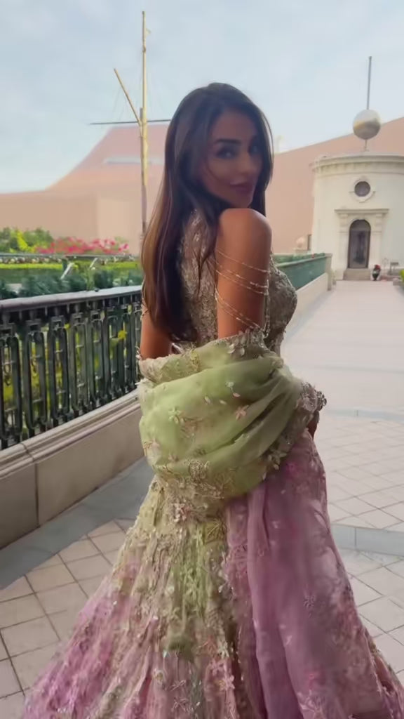 Pastel Green And Pink Floral Chiffon Lehenga Set