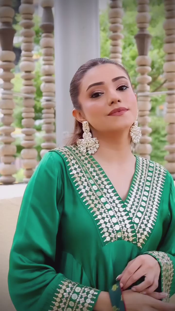 Green Embroidered High-Low Kurta Set
