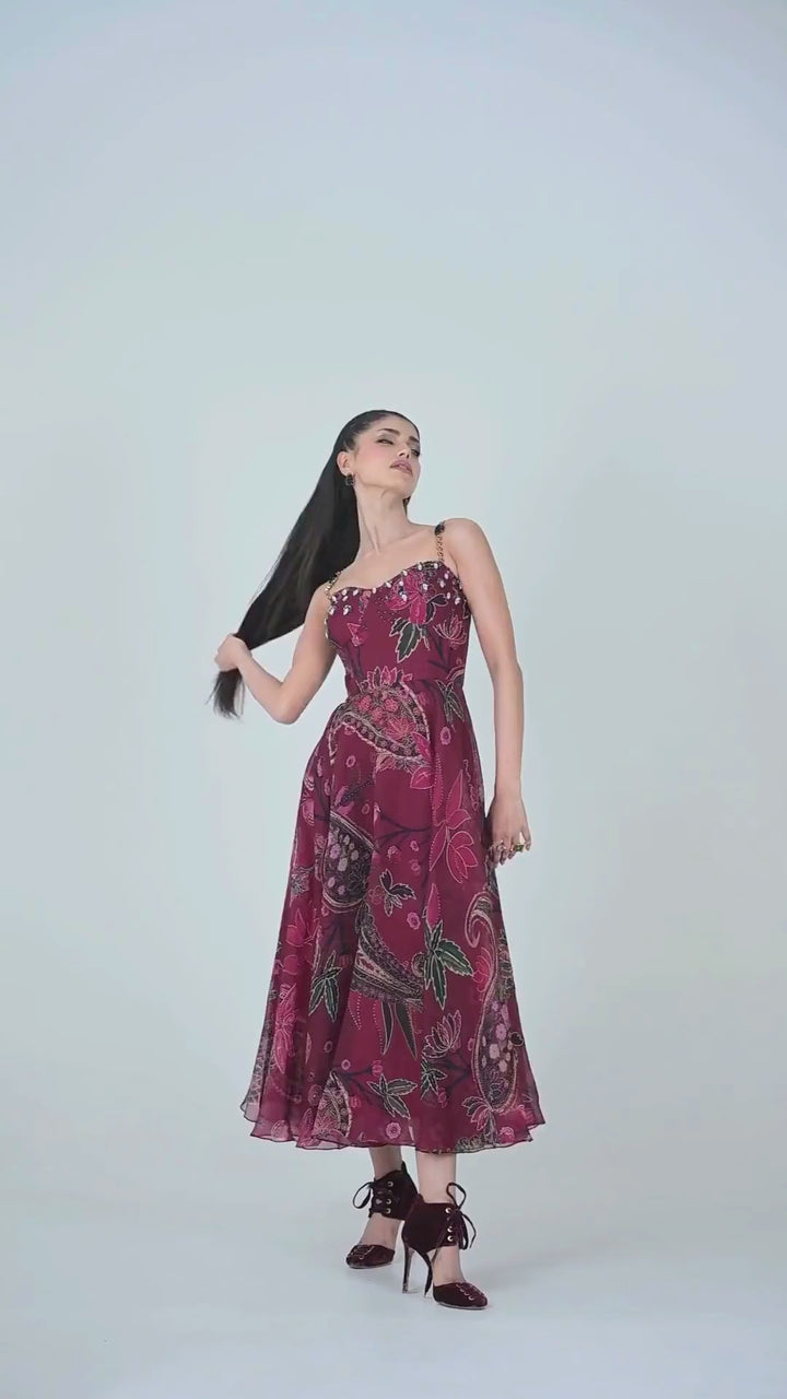 Burnt Pink Printed Organza Corset Dress