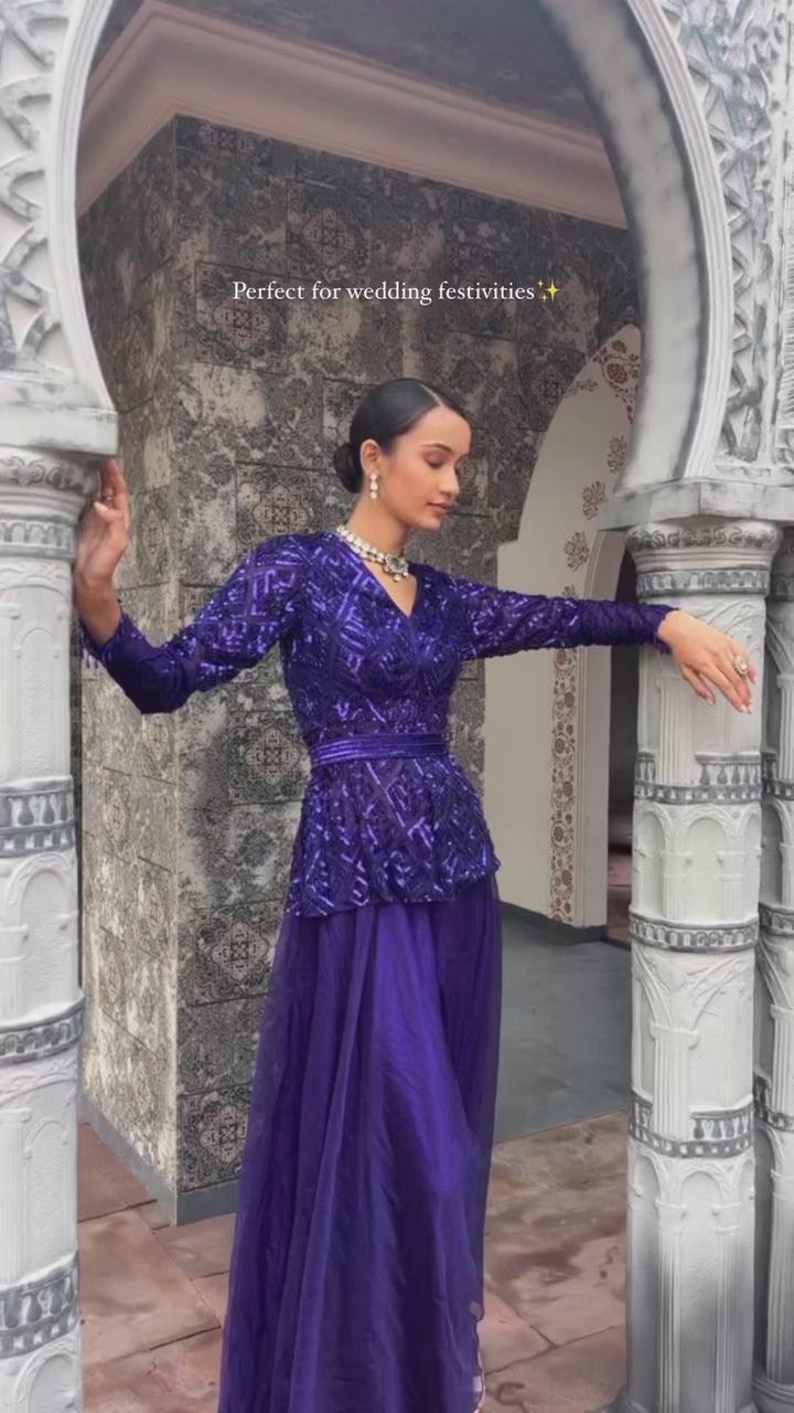 Purple Sequinned Peplum Kurta Sharara Set