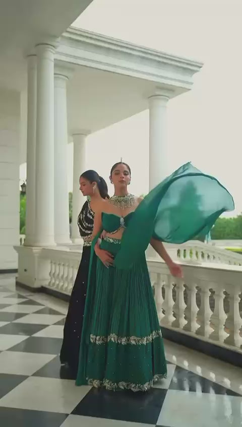 Emerald Green Chiffon Lehenga With Choker Dupatta