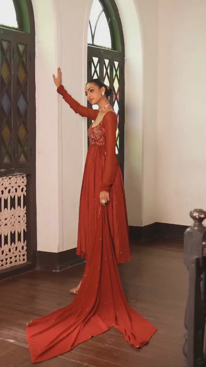 Rust Red Embroidered Silk Anarkali Set