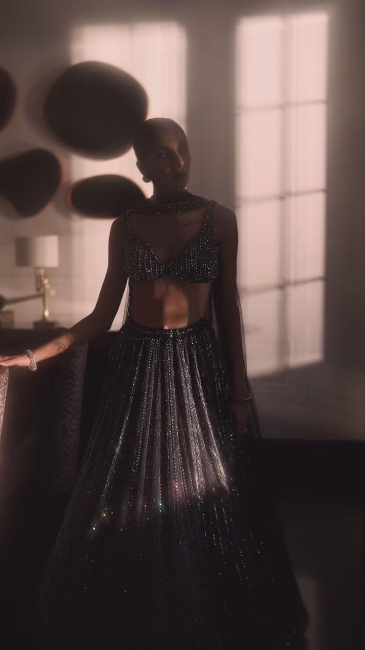 Black Crystal Linear Embroidered Organza Lehenga Set