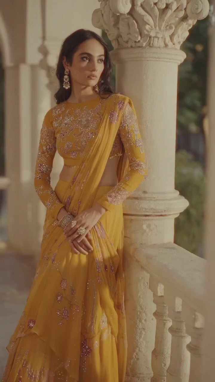 Mustard Yellow Printed Chiffon Predraped Saree