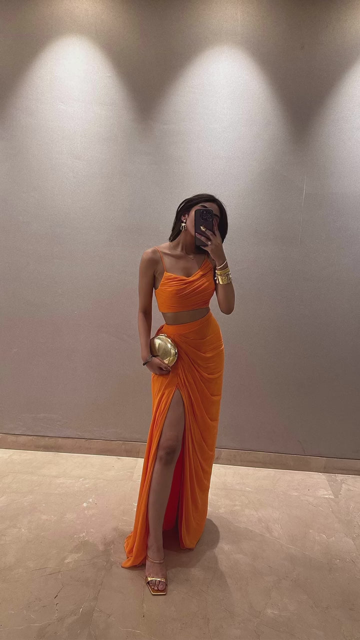 Orange Pre Draped Pure Georgette Slit Skirt Set