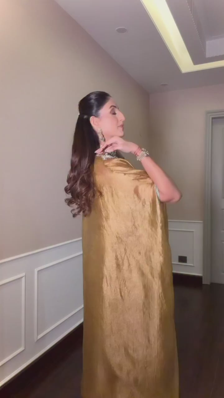 Mustard Gold Tissue Cape Set With Draped Skirt