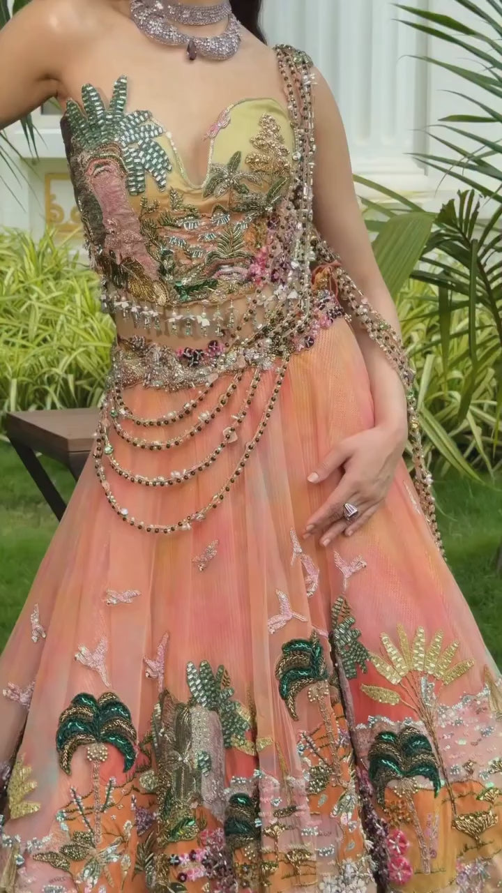 Coral Ombre Georgette Corset Lehenga Set