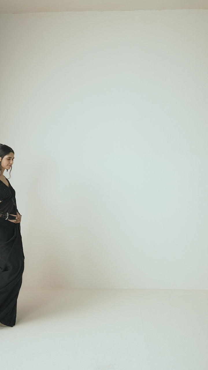 Black Georgette Pre-Draped Saree Set
