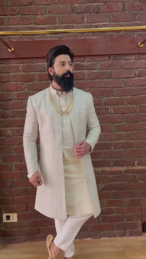Beige Embellished Jacket Style Sherwani Set