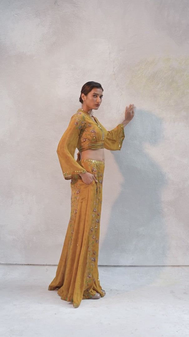 Mustard Yellow Embellished Chiffon Pants Set