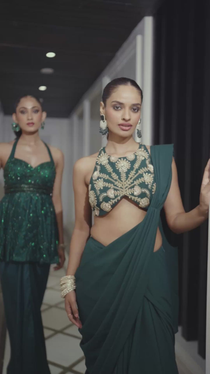 Green Predraped Saree Set With Embroidered Halter Blouse