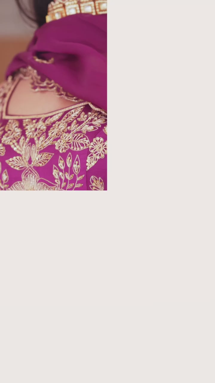 Purple Satin Floral Embroidered Kurta Palazzo Set