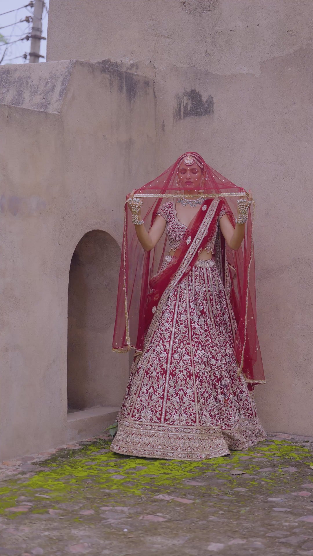 Maroon Bridal Lehenga In Velvet With Net Dupatta