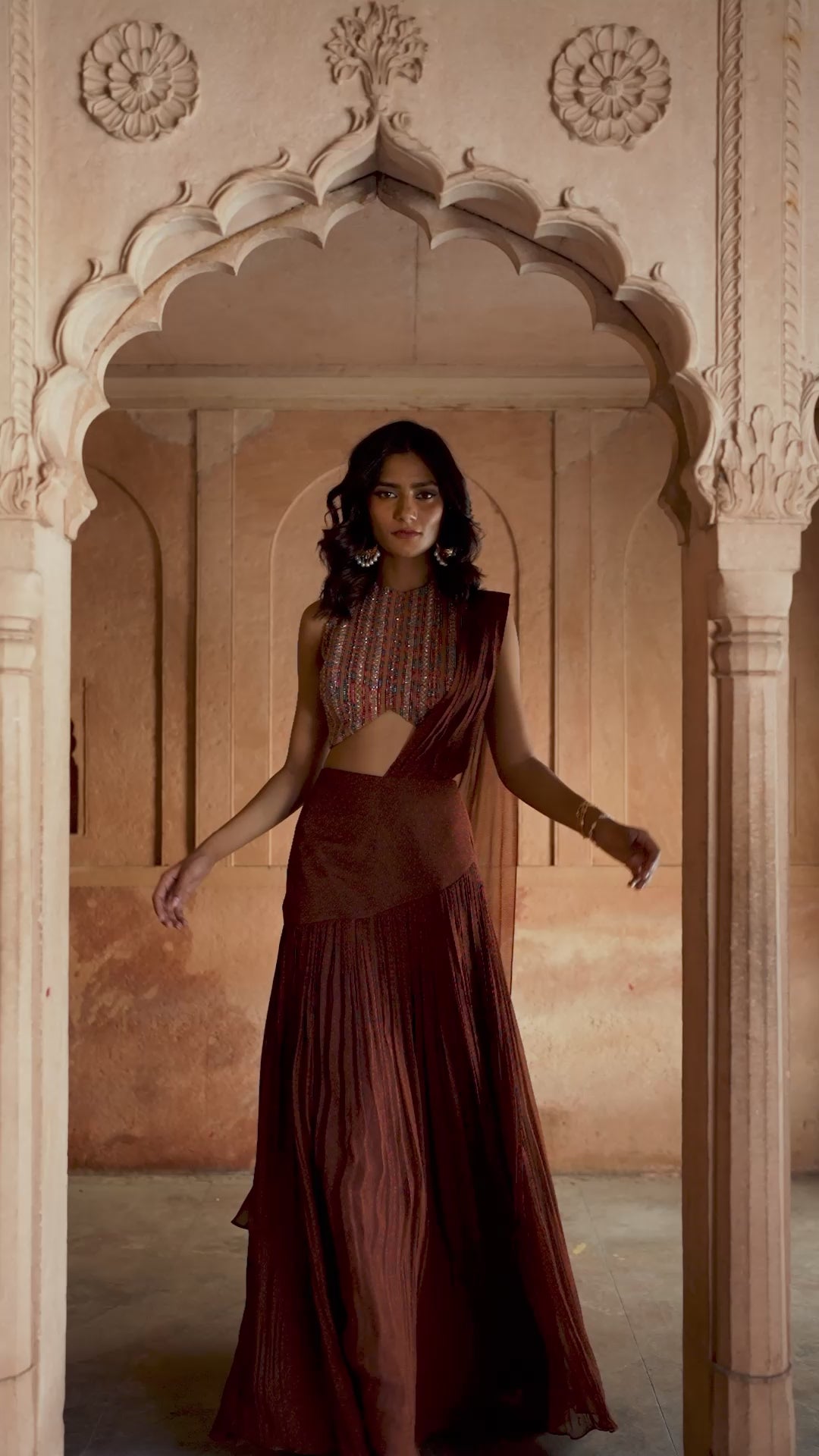 Brown Predraped Georgette Saree Set With Halter Blouse