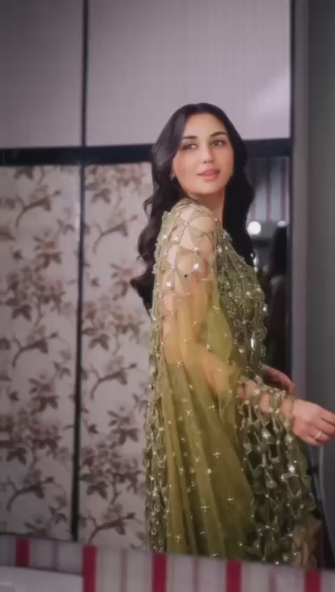 Mehendi Green Pre Draped Georgette Jaalwork Saree