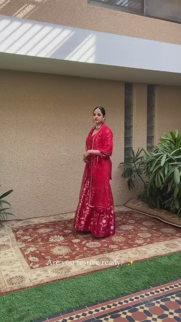 Red Jaal Weaved Silk Kurta Sharara Set