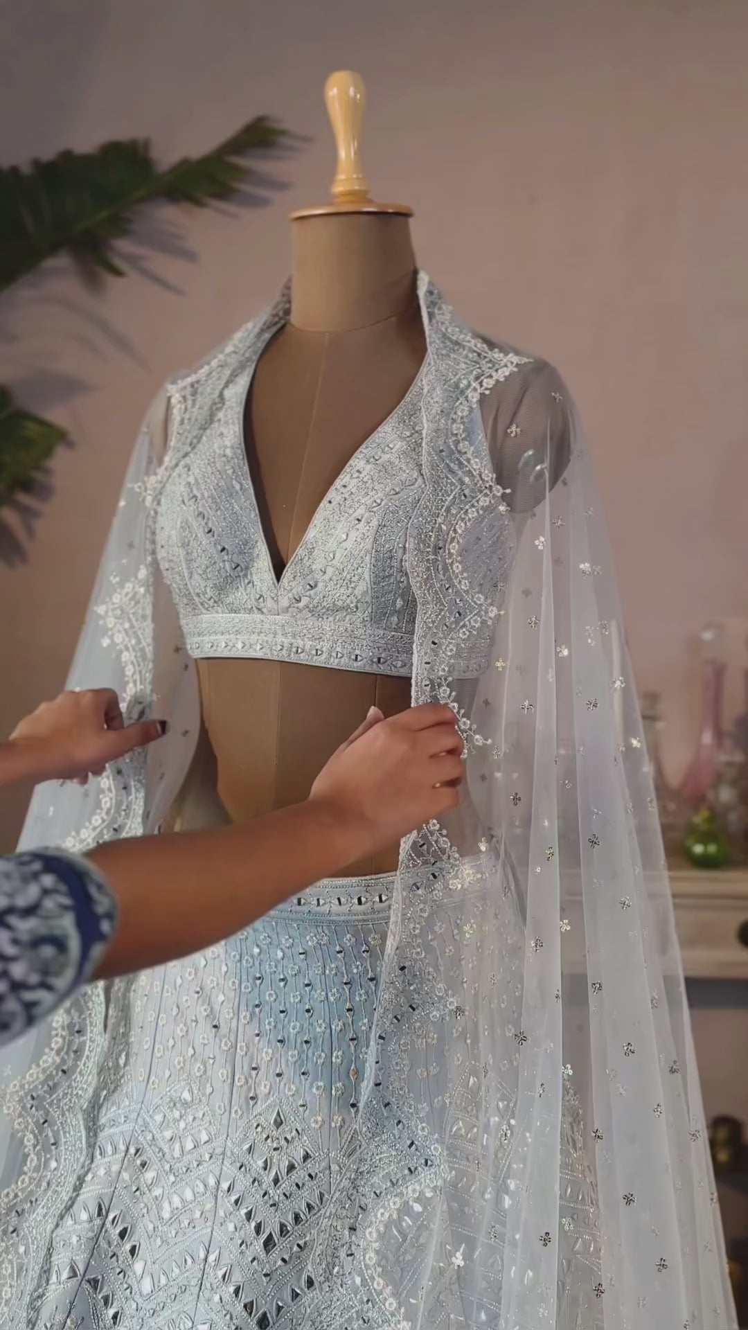 Grey Mirror And Applique Lehenga Set