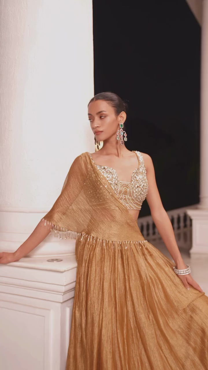 Mustard Gold Tissue Lehenga With Draped Dupatta