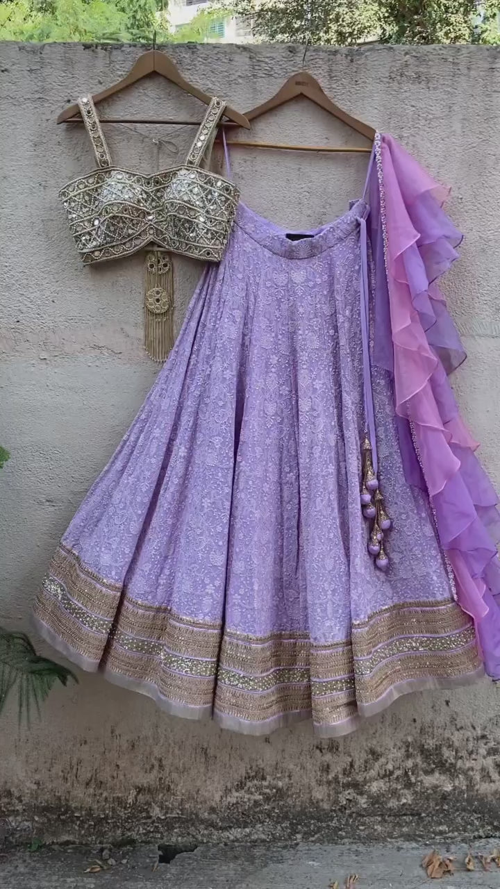 Lavender Lucknowi Lehenga Set With Mirror Bustier