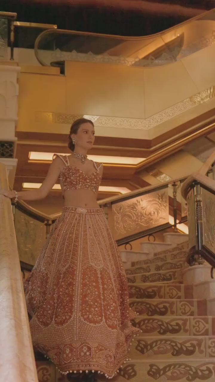 Ochre Rust Embroidered Bridal Lehenga