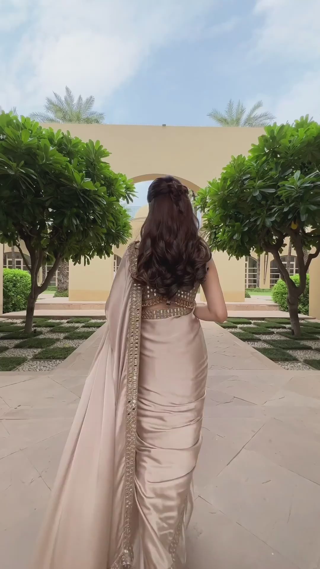 Beige Gold Satin Saree With Embroidered Mirror Blouse