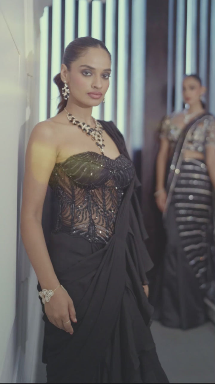 Black & Silver Satin Mermaid Lehenga Saree