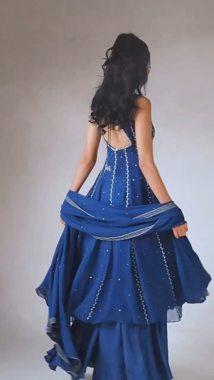 Deep Blue Georgette Anarkali Set With Sharara