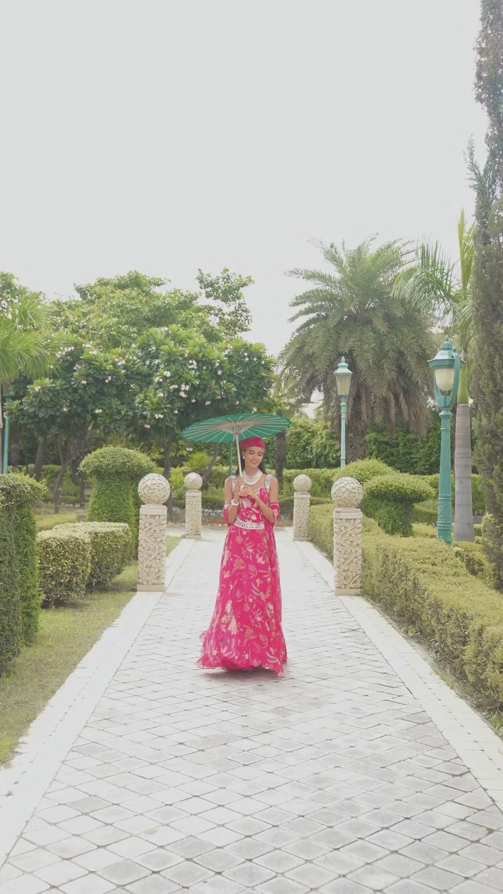 Rani Pink Printed Organza Lehenga With Corset Blouse