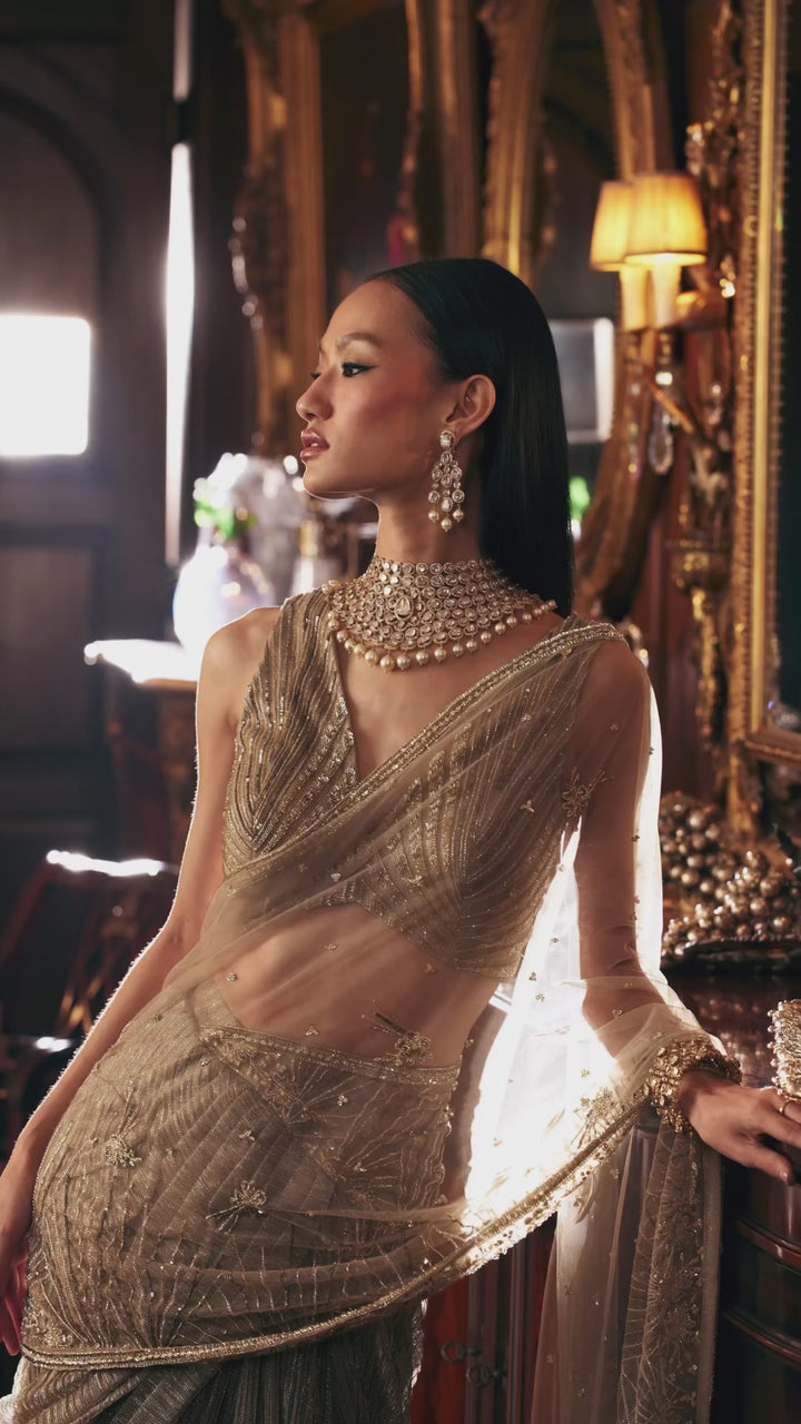 Champagne Gold Crushed Pre Draped Saree