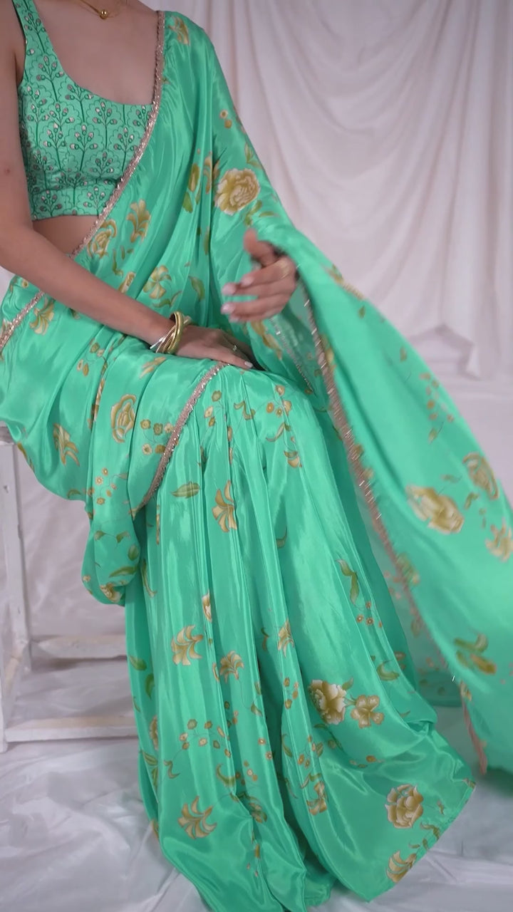 Turquoise Blue Printed Crepe Predraped Saree