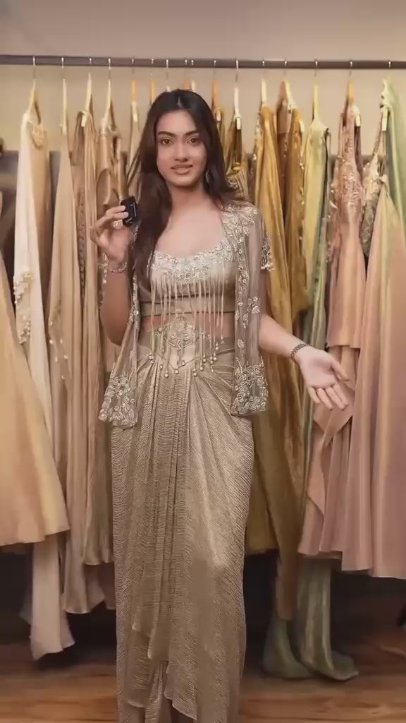 Gold Tissue Drape Skirt Set With Jacket