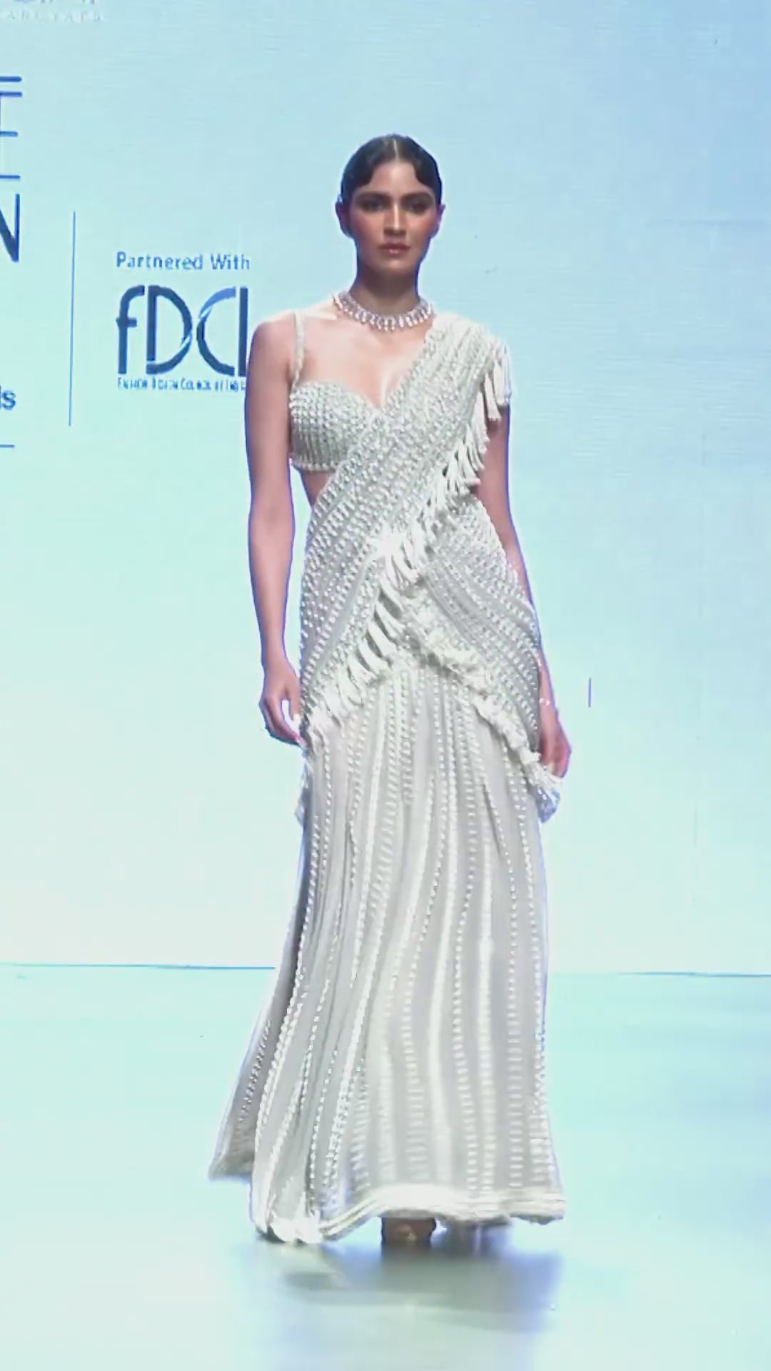 Powder Grey Chandelier Pearl Drop Pre Drape Saree Set