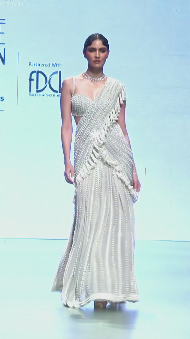 Powder Grey Chandelier Pearl Drop Pre Drape Saree Set