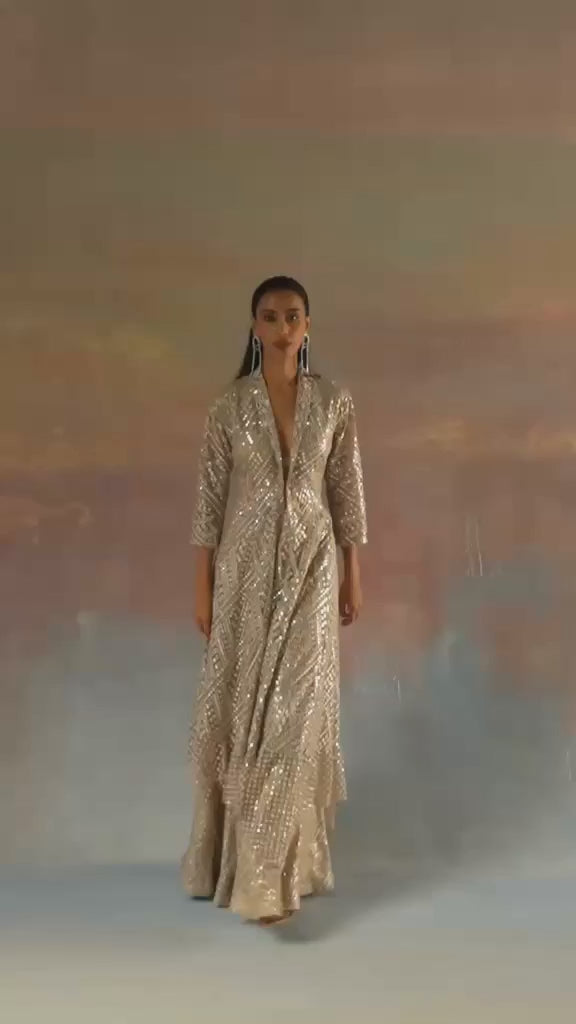 Muted Gold Mirror Georgette Peplum Kurta Sharara