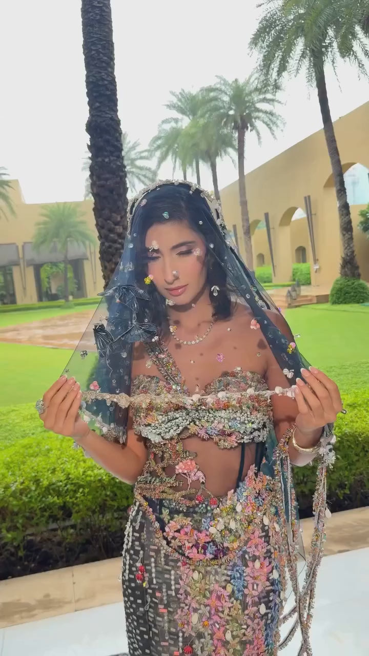 Midnight Blue Soft Net Mermaid Trail Lehenga With Corset