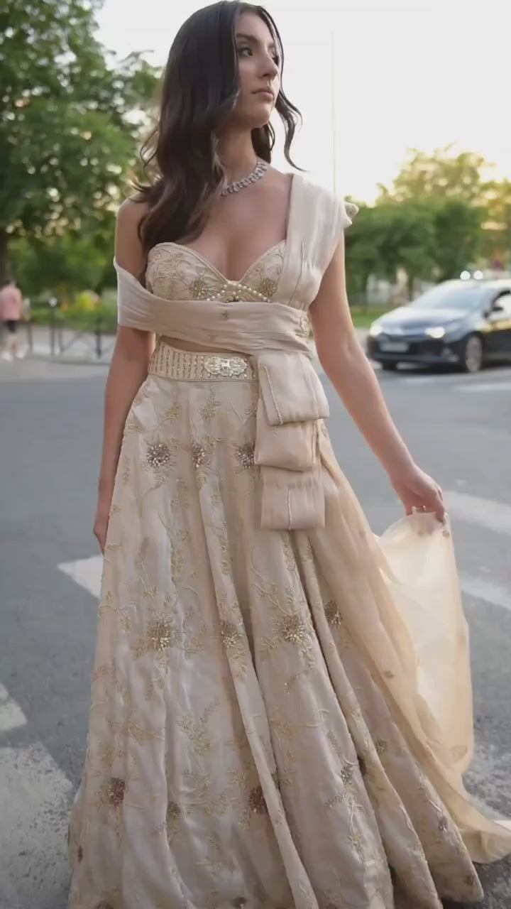 Ivory Gold Embroidered Bridal Organza Lehenga Set