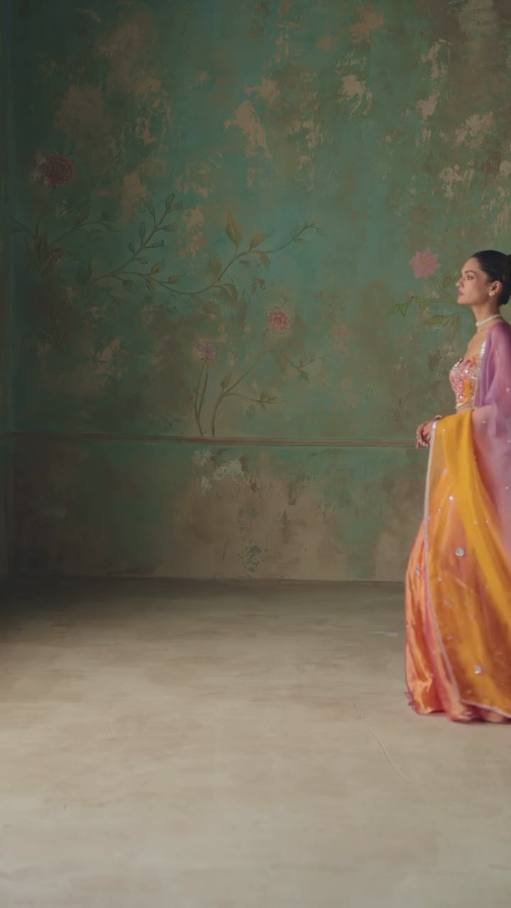 Orange And Purple Silk Tissue Lehenga Set