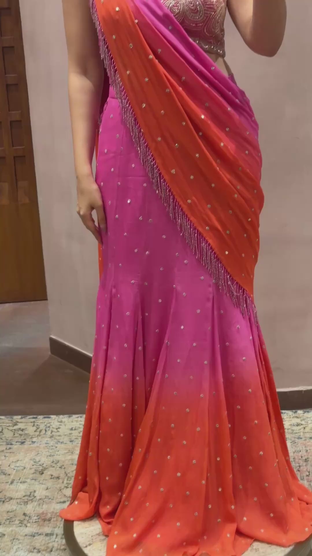 Pink and Orange Ombre Georgette Pre-Draped Saree