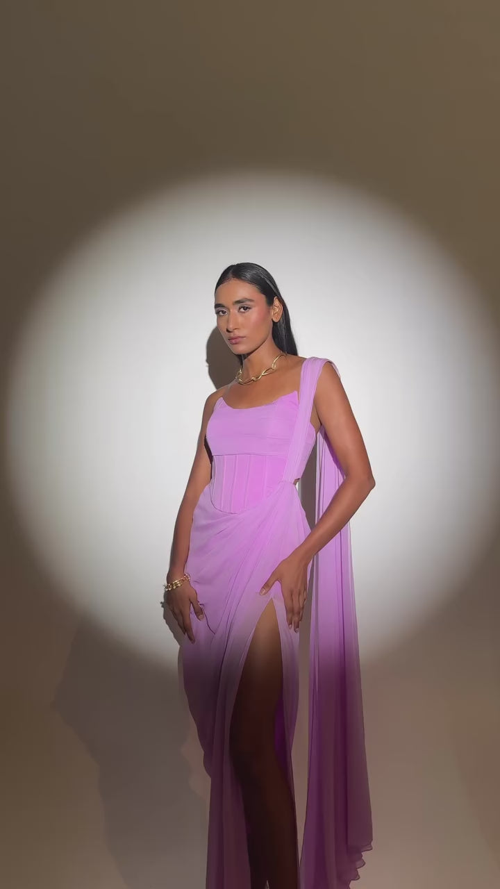 Lavender Predraped Pure Georgette Slit Saree With Corset Bouse