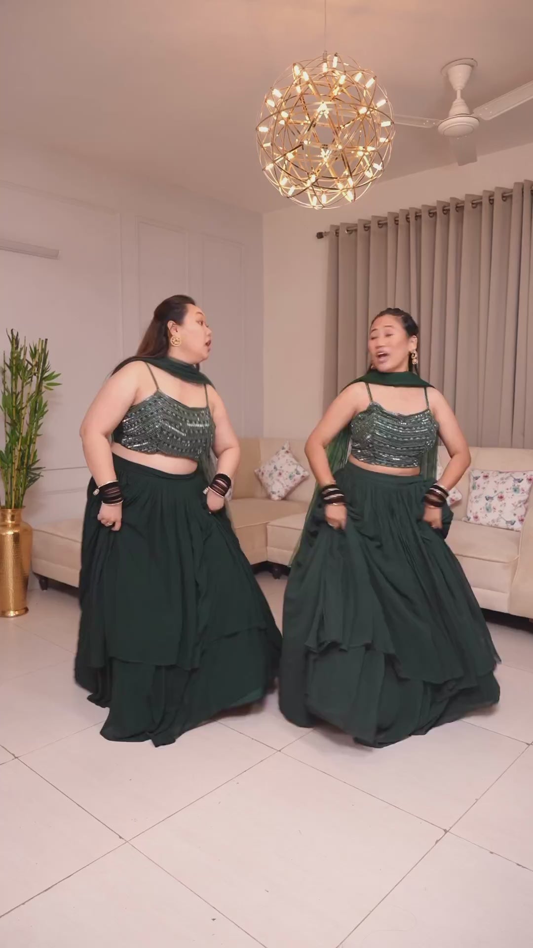 Bottle Green Embellished Layered Georgette Lehenga Set