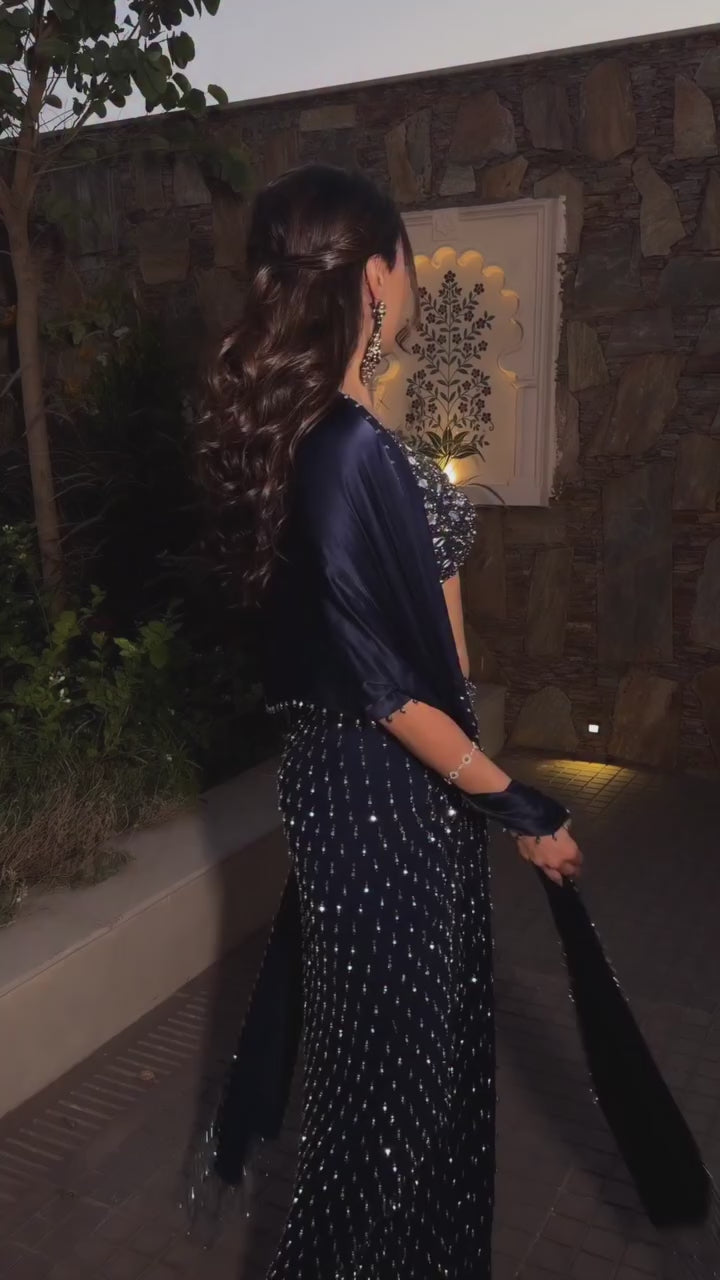Deep Blue Georgette Draped Skirt Set