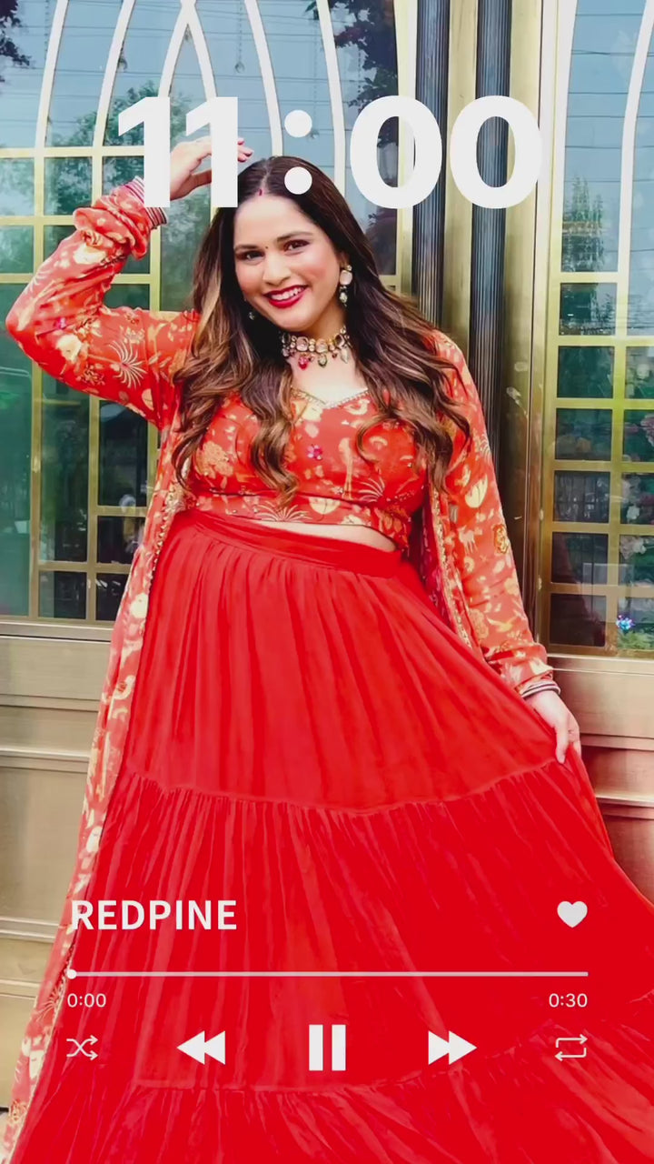 Rust Georgette Lehenga Set With Printed Blouse And Jacket