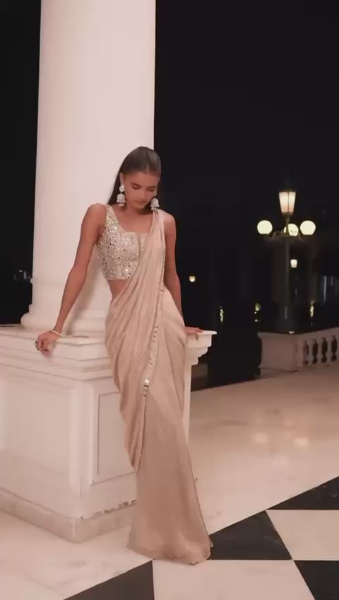 Champagne Gold Tissue Pre Draped Saree