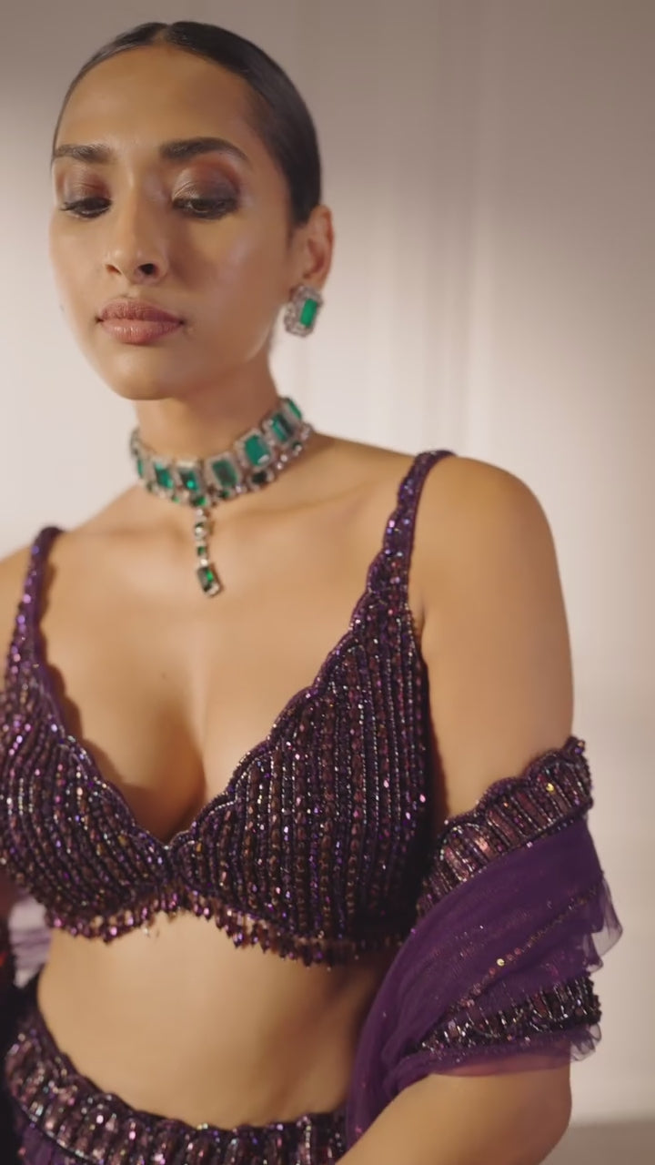 Purple Crystal And Sequin Embroidered Organza Lehenga Set