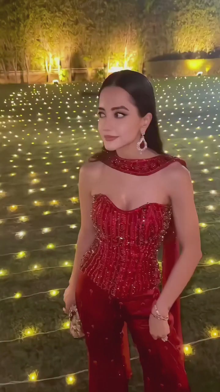 Red Embroidered Satin Corset Sharara Set