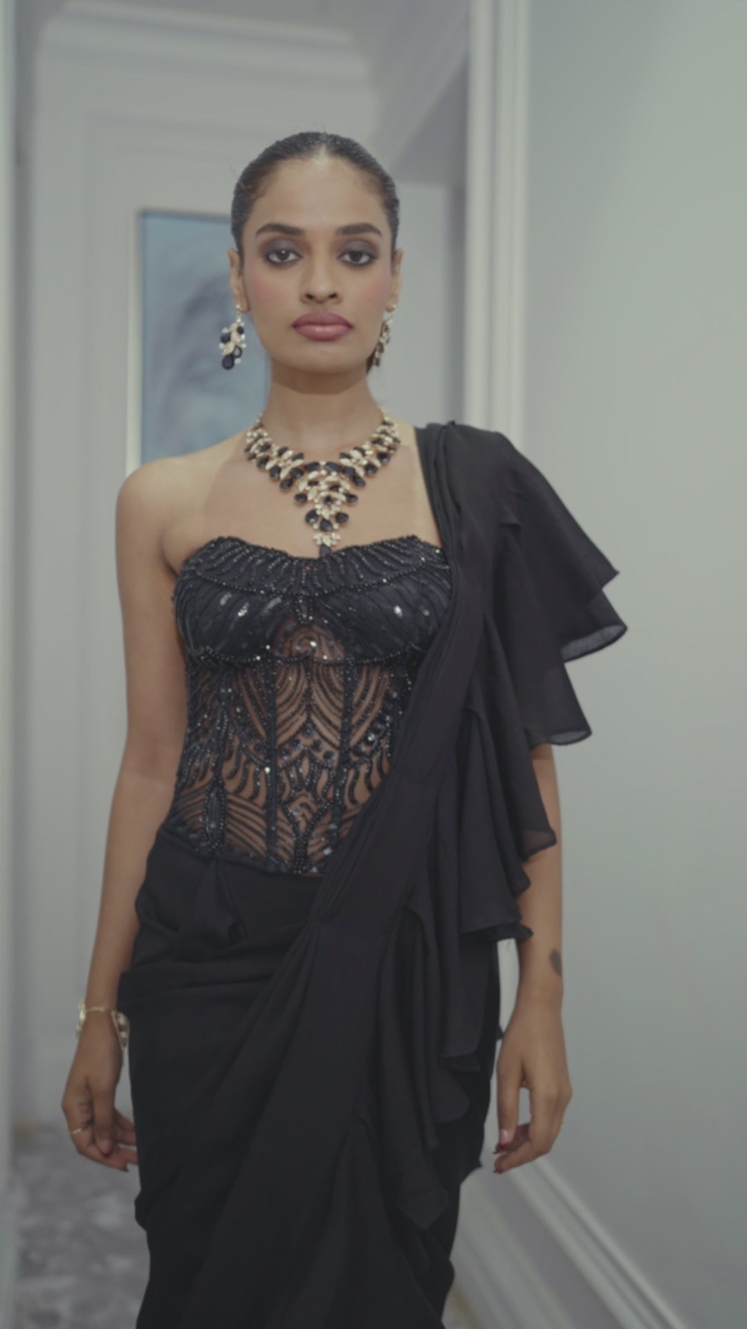 Black Chiffon Predraped Ruffle Saree Set With Corset