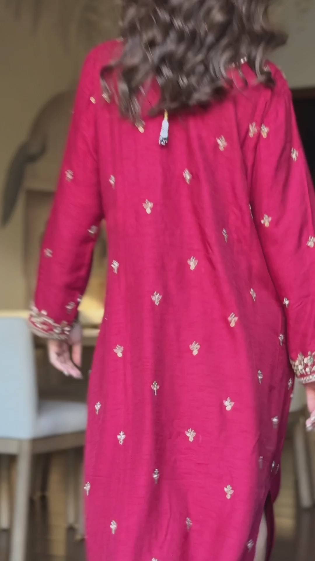 Maroon Red Embroidered Silk Kaftan