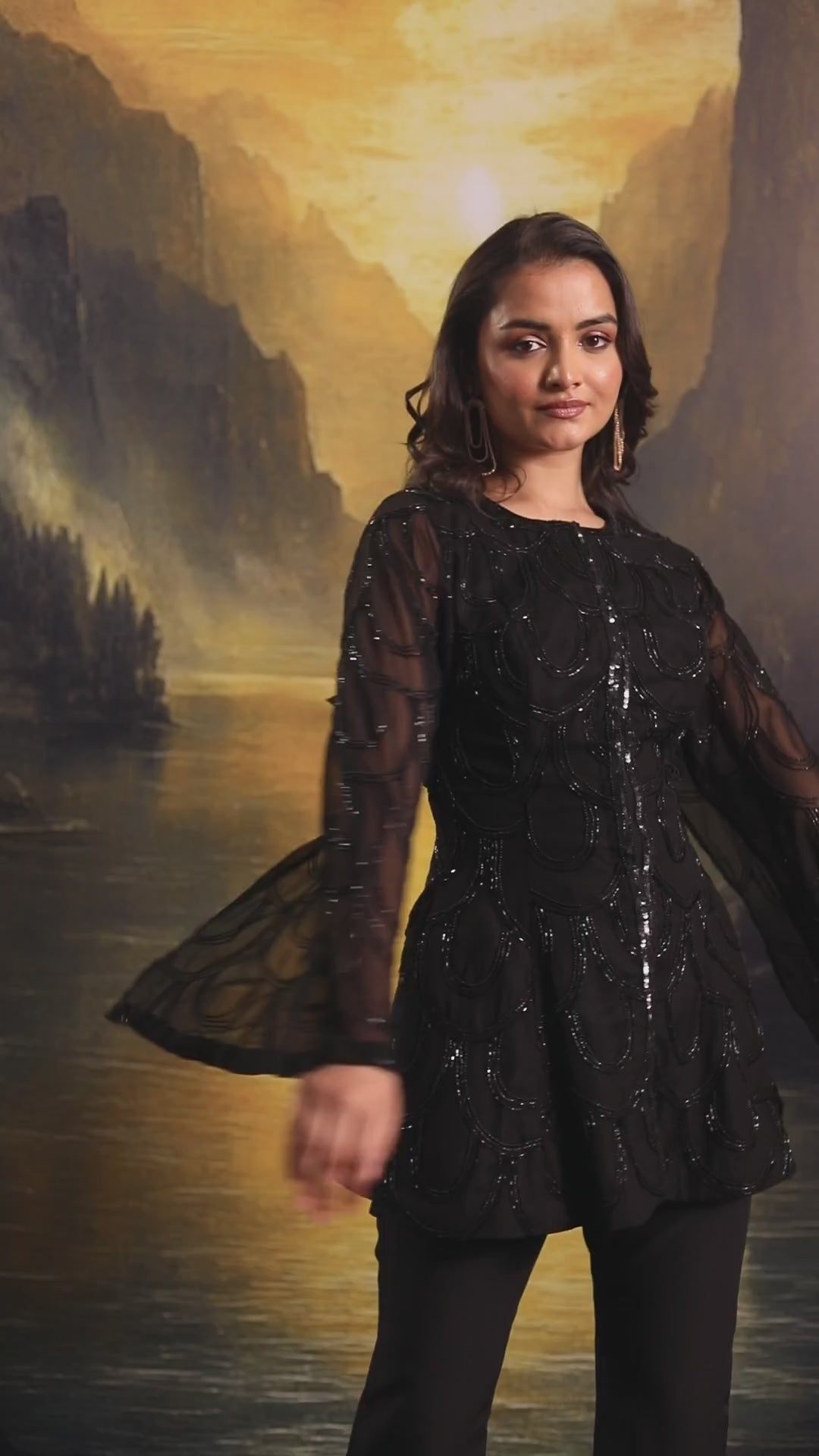 Black Embroidered Georgette Kurta With Flared Pants
